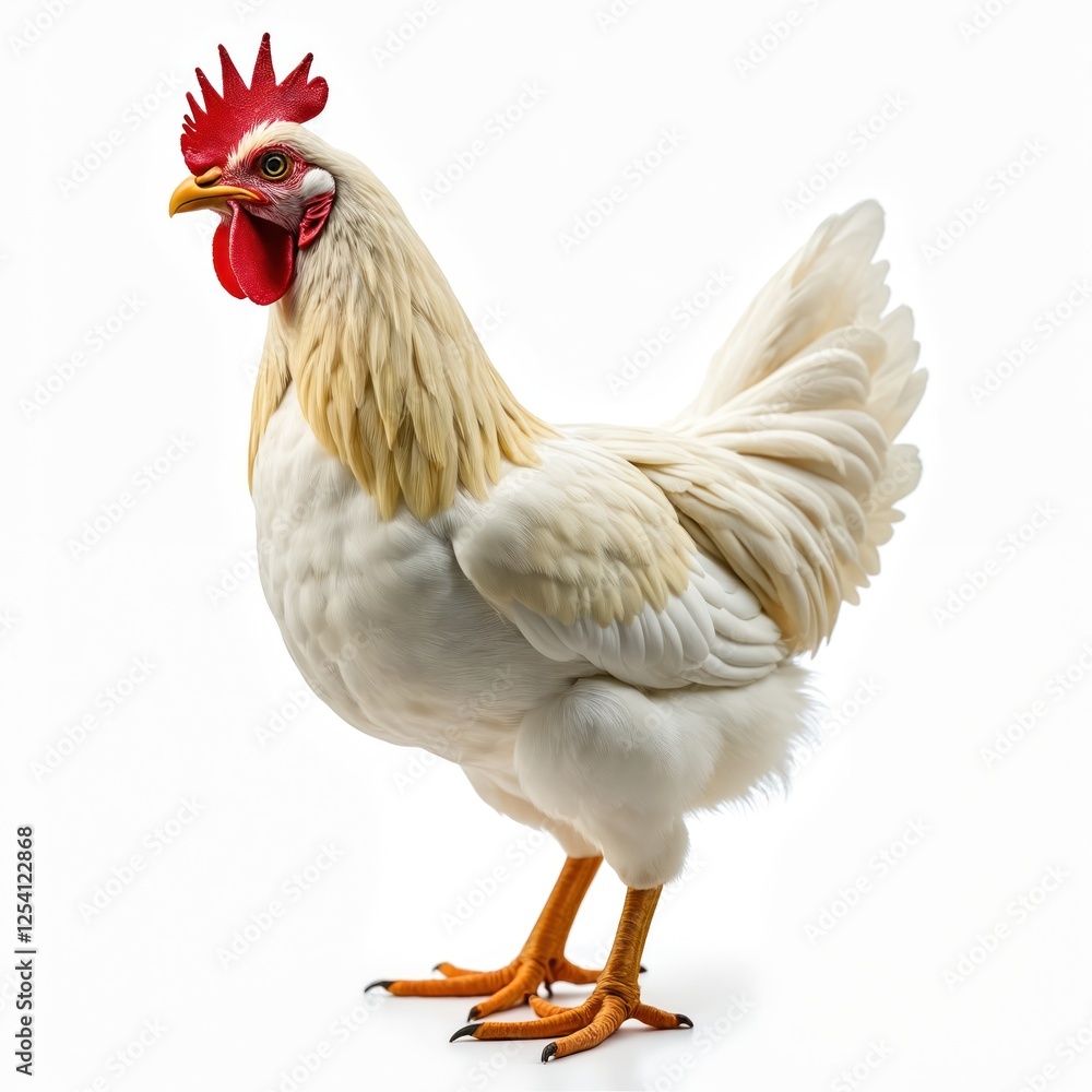 Fototapeta premium White rooster portrait on clear backdrop. Domestic fowl cock with red crest, golden neck plumage. Farm bird on clean white background. Poultry livestock farming.