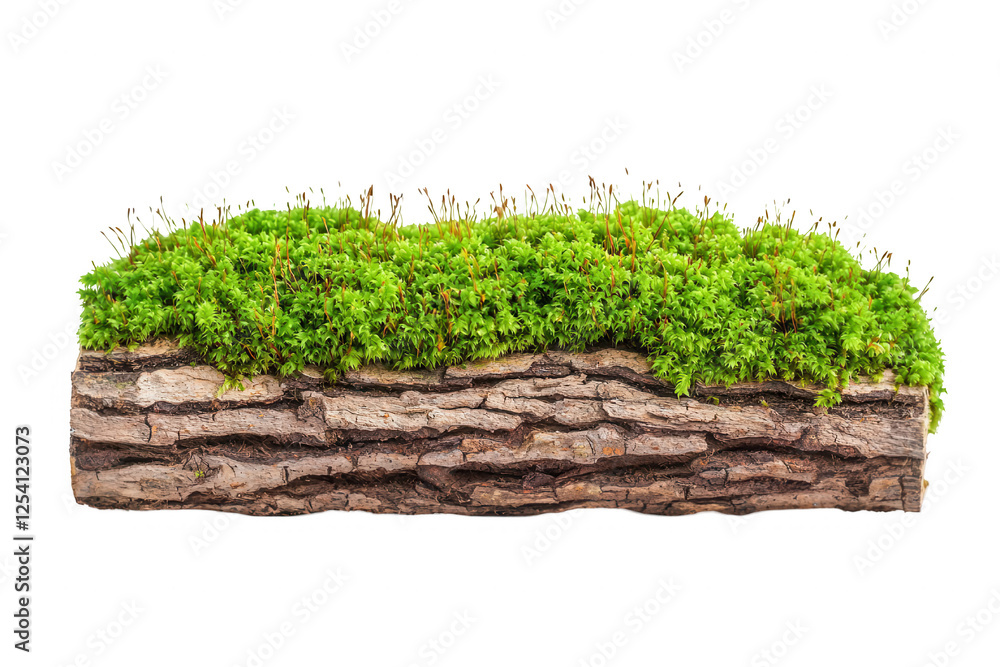 Natural log covered with vibrant green moss isolated on white background, showcasing the beauty of wood and nature's textures, perfect for ecological and botanical themes Natural log covered with vibrant green moss isolated on white background, showcasing the beauty of wood and nature's textures, perfect for ecological and botanical themes