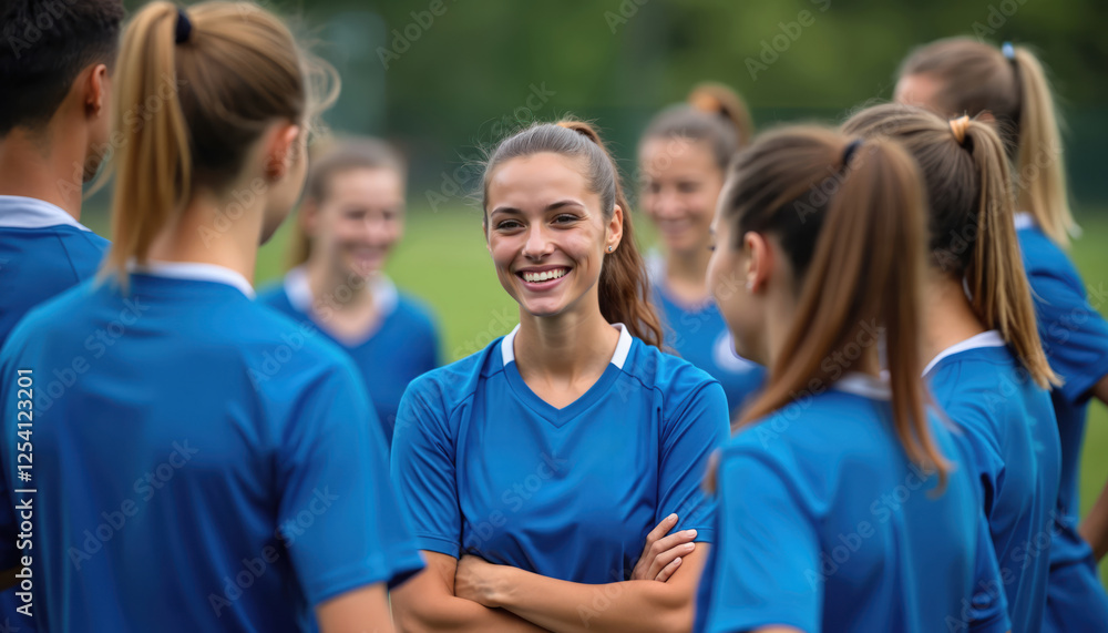 Diverse soccer team in blue uniform gathers, forming circle. Young athletes, women smiling, demonstrate teamwork, inclusion, sportsmanship, unity, energy on practice session. Success, support, Diverse soccer team in blue uniform gathers, forming circle. Young athletes, women smiling, demonstrate teamwork, inclusion, sportsmanship, unity, energy on practice session. Success, support,