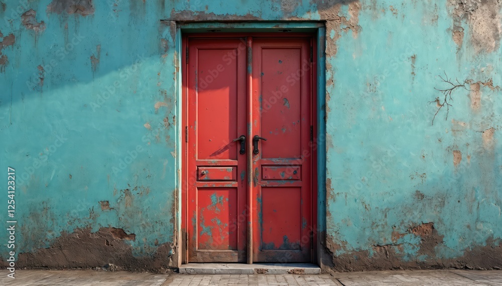 Rusty red double doors on weathered blue wall. Aged abandoned entrance with peeling paint, grunge texture. Distressed doorway, concrete background, urban decay. Retro vintage art, industrial design Rusty red double doors on weathered blue wall. Aged abandoned entrance with peeling paint, grunge texture. Distressed doorway, concrete background, urban decay. Retro vintage art, industrial design