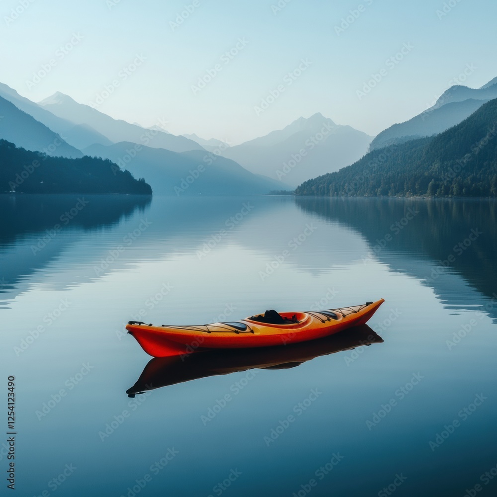 Calm mountain lake with a solitary kayak reflecting stunning morning light and the surrounding mountains. Generative AI Calm mountain lake with a solitary kayak reflecting stunning morning light and the surrounding mountains. Generative AI
