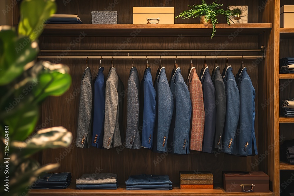 Modern wardrobe with colorful jeans and blouses on hangers, wooden wall backdrop, and greenery, showcasing luxury interior design and fashion Modern wardrobe with colorful jeans and blouses on hangers, wooden wall backdrop, and greenery, showcasing luxury interior design and fashion