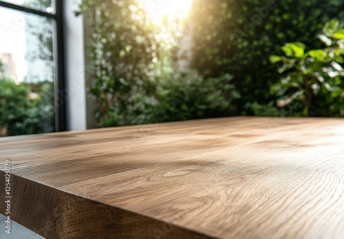 Empty wooden table with blurred green background.