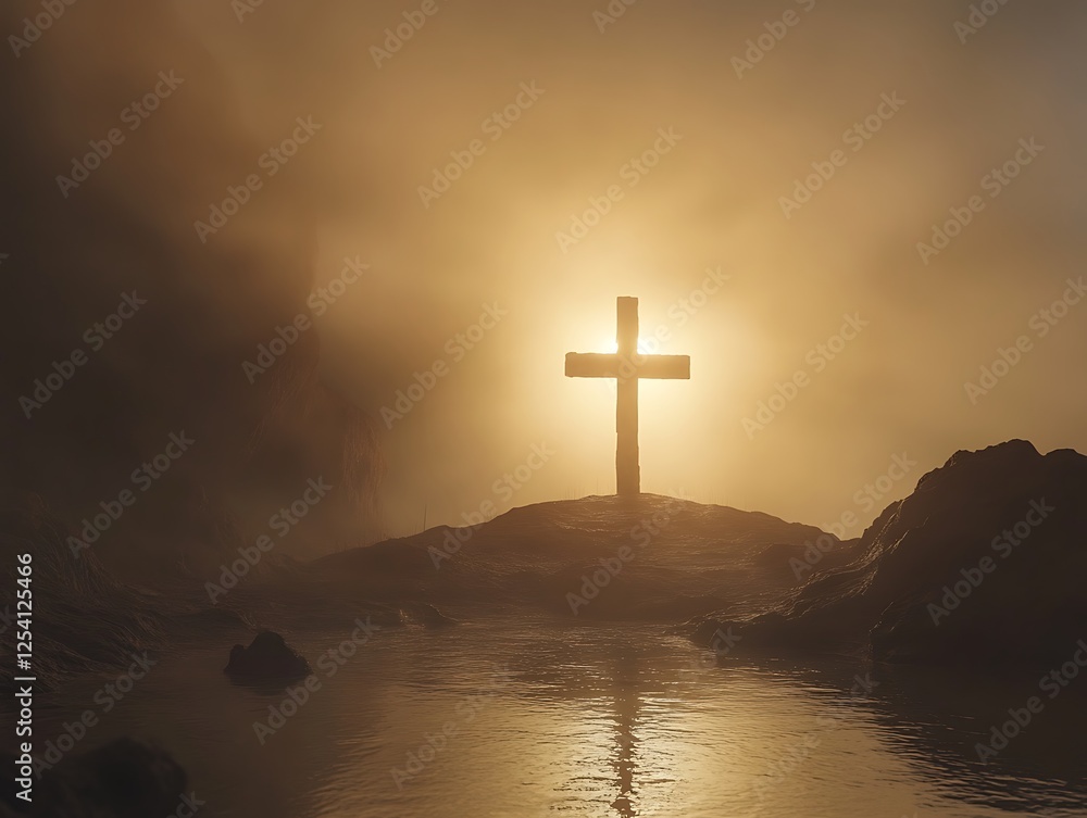 Empty tomb with cross silhouetted at dawn Empty tomb with cross silhouetted at dawn