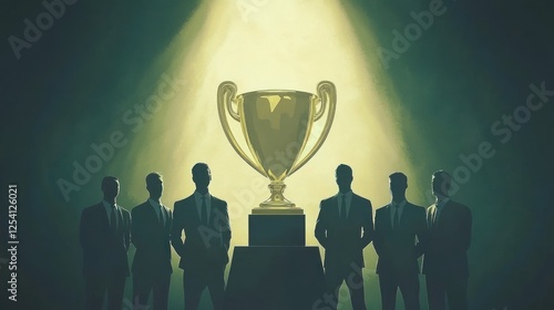 Golden Trophy and Silhouetted Businessmen Celebrating Success