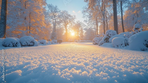 Snowy park sunrise; winter wonderland path