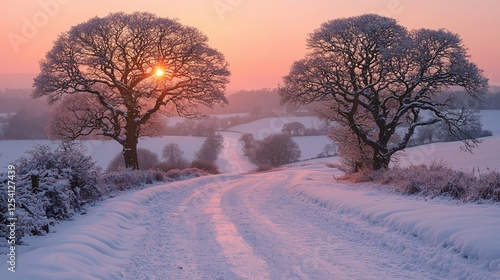 Snowy road sunrise, winter landscape, frosty trees, rural hills