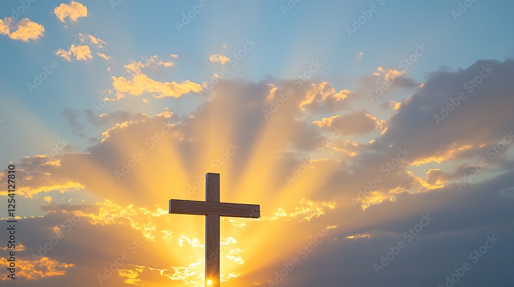 Cross at sunrise with silhouette of empty tomb and golden light Cross at sunrise with silhouette of empty tomb and golden light