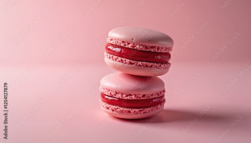 Two pink macarons with bright red filling on pink background. Sweet dessert concept, treat for Valentines Day, birthday, wedding, mothers day. Confectionery background. Delicate colorful baking. Two pink macarons with bright red filling on pink background. Sweet dessert concept, treat for Valentines Day, birthday, wedding, mothers day. Confectionery background. Delicate colorful baking.