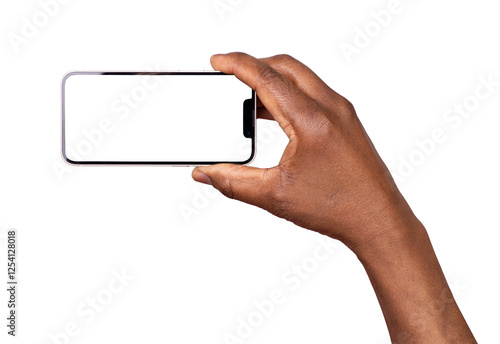 Man using smart phone with blank screen isolated on transparent or white background
