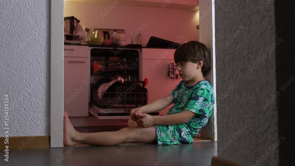 Young boy sitting in doorway, legs stretched out, contemplative expression, relaxed indoor moment in cozy home kitchen setting, reflecting on quiet childhood thoughts Young boy sitting in doorway, legs stretched out, contemplative expression, relaxed indoor moment in cozy home kitchen setting, reflecting on quiet childhood thoughts