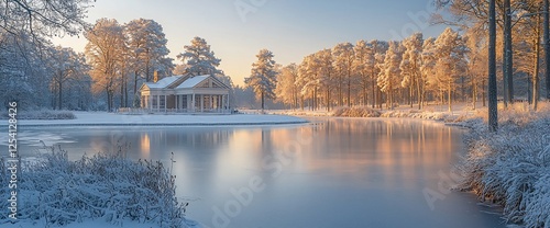 Snowy sunrise over winter lake, temple reflection, tranquil park