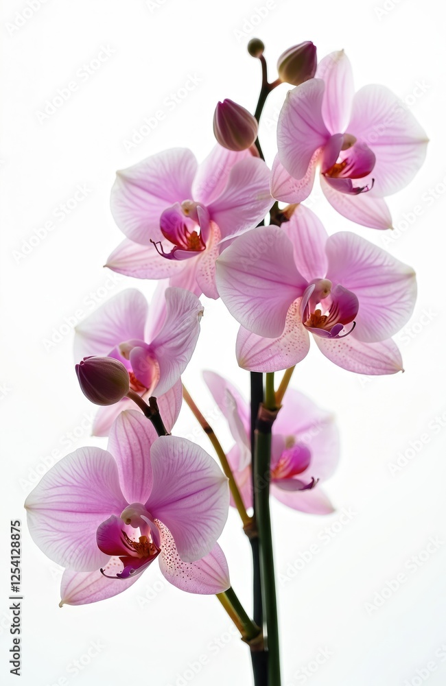 Elegant pink orchid flowers isolated on white background. Delicate floral composition of tropical phalaenopsis plants blooming with beauty. Perfect floral bloom studio shot. Elegant pink orchid flowers isolated on white background. Delicate floral composition of tropical phalaenopsis plants blooming with beauty. Perfect floral bloom studio shot.