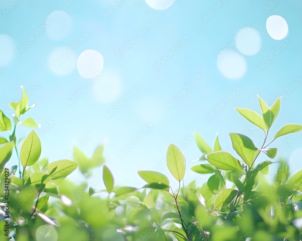Soft, vibrant green foliage blending into a tranquil blue sky with summer bokeh highlights. Soft, vibrant green foliage blending into a tranquil blue sky with summer bokeh highlights.