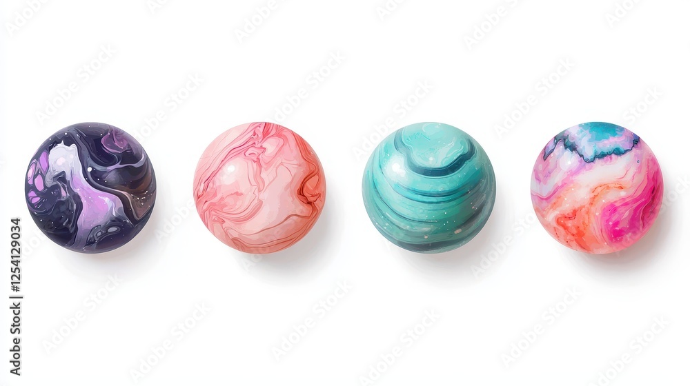 Fototapeta premium Colorful marbled balls in vibrant hues, showcasing unique patterns and textures, arranged in a row against a clean background.