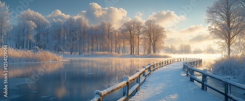 Snowy winter sunrise; path by frozen lake; frosty trees; idyllic winter scene; calendar, postcard
