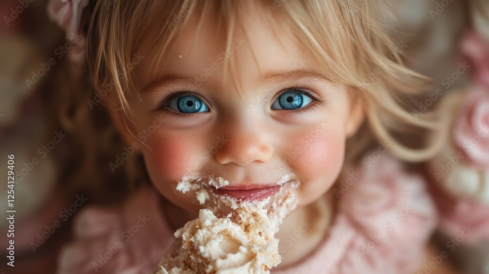 Naklejka premium Happy toddler girl with cake frosting on her face.