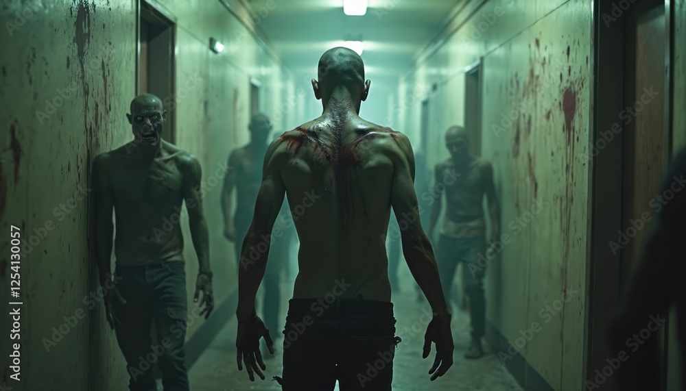 Fototapeta premium Zombie crowd walks corridor in dark. Back view of undead man. Blood stains horror, Halloween themes. Haunting post-apocalyptic environment embodies mystery, loneliness, melancholy, fear.