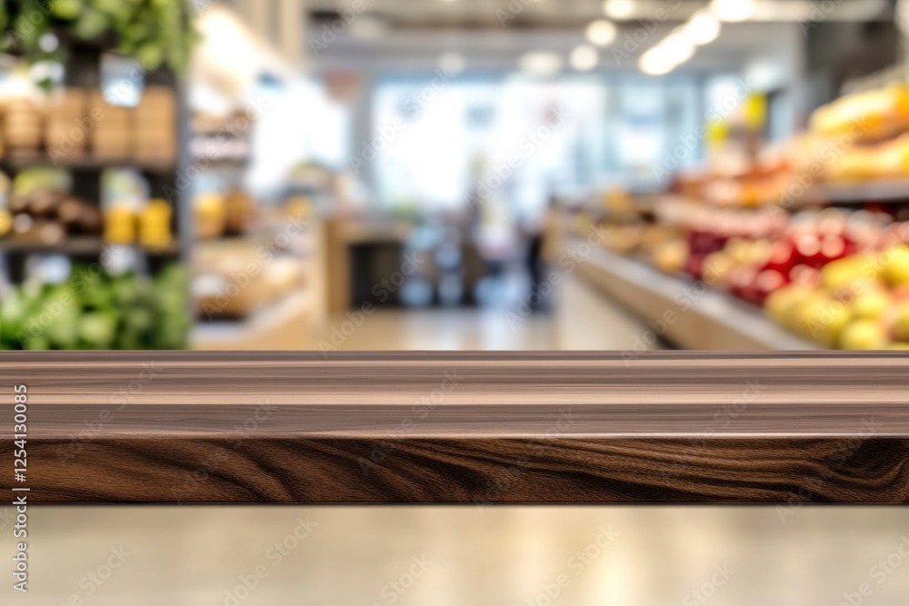 Fototapeta premium Wooden Tabletop Against Blurred Grocery Store Background