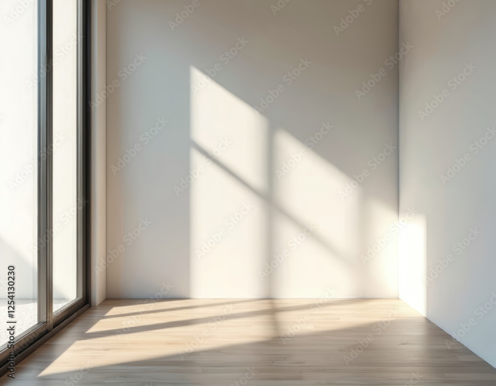 Fototapeta premium Minimalist living room corner, neutral tones. Sunlight from large window illuminates empty space on wooden floor. Residential interiors with blank wall, copy space area.