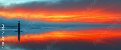 Solitary figure on beach, fiery sunset, ocean reflection, calm background