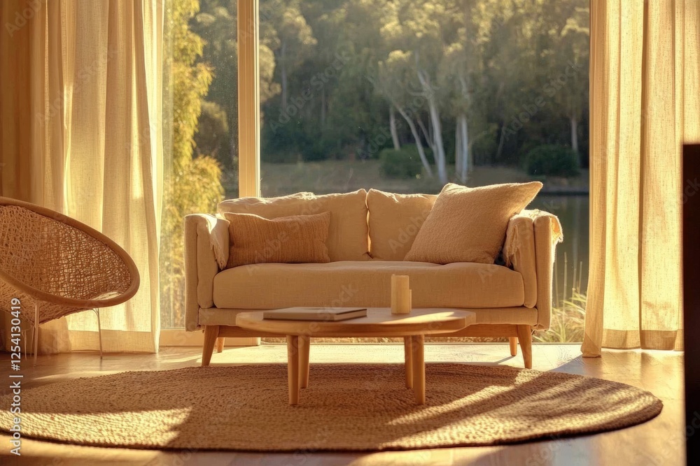 Obraz premium Cozy living room with a stylish sofa and natural light streaming in
