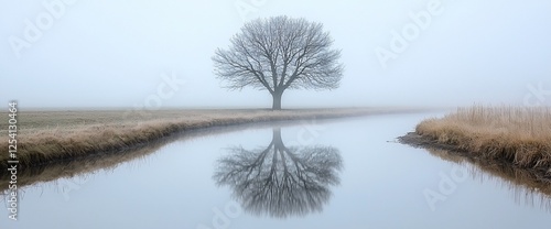 Solitary tree reflected in foggy canal, serene landscape, nature background, peaceful scene