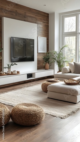 A floating media unit in a modern home with a large white frame placed above it.