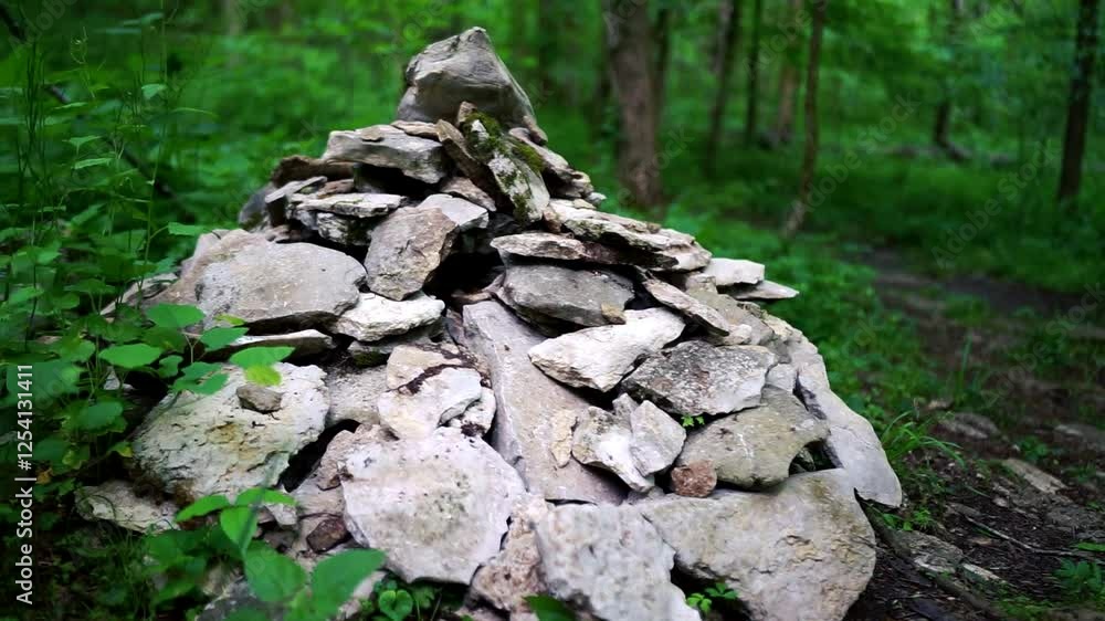 Strange pile of stacked rocks deep in the lush green trees wooded forest Strange pile of stacked rocks deep in the lush green trees wooded forest