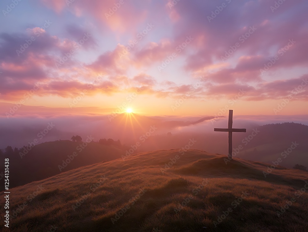 Obraz premium Wooden cross at sunrise with light spilling over hill