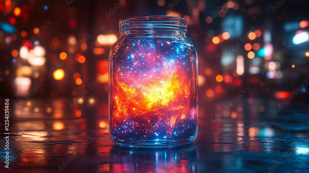 Galaxy inside a glass jar, surreal concept, vivid colors, dreamy cosmic effect Galaxy inside a glass jar, surreal concept, vivid colors, dreamy cosmic effect