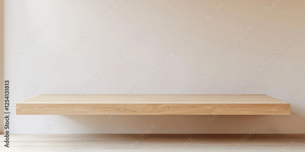 Minimalist light wood floating shelf against a neutral wall. Minimalist light wood floating shelf against a neutral wall.