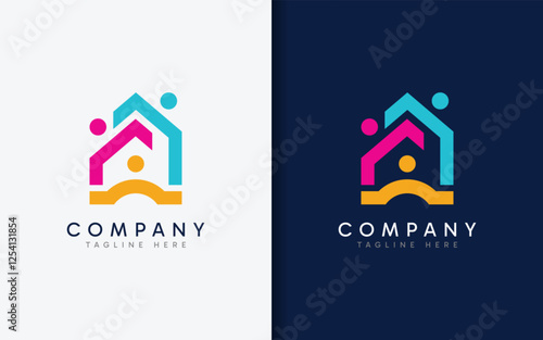 Minimalist House with a Combination of People's Shapes. Flat Colorful Minimalist Vector Logo Icon Illustration.