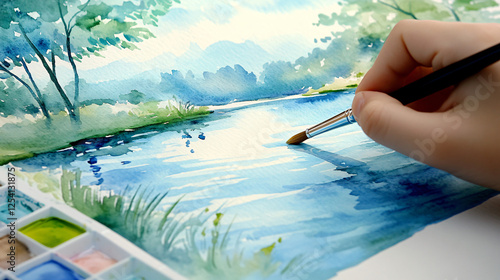 A child using watercolors to paint a peaceful lake scene, blending light blues and greens with a soft brush to capture the serenity of nature.