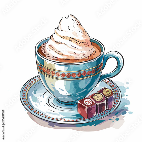 Watercolor Illustration of a Latte with Foam Art