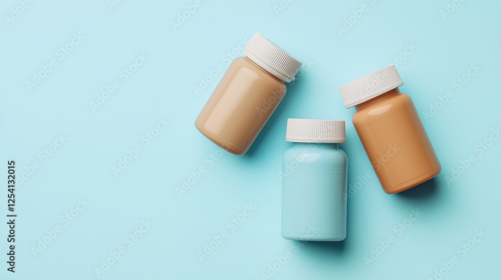 Mockup of three supplement bottles, two light brown and one light blue, on top of a light blue surface, Mockup of three supplement bottles, two light brown and one light blue, on top of a light blue surface,