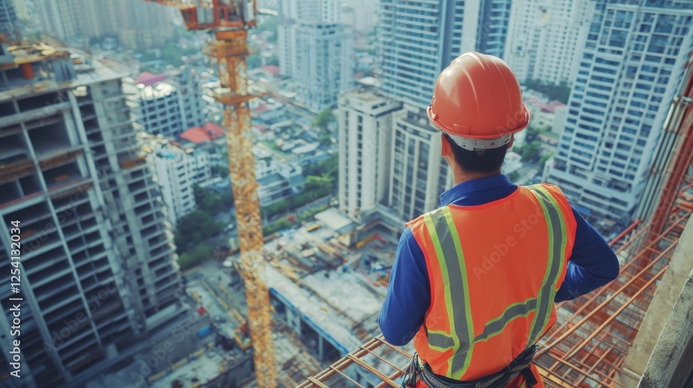 An intimate portrait of a construction manager inspecting safety protocols on a high-rise construction site, High-rise construction safety inspection scene, Safety supervision style An intimate portrait of a construction manager inspecting safety protocols on a high-rise construction site, High-rise construction safety inspection scene, Safety supervision style