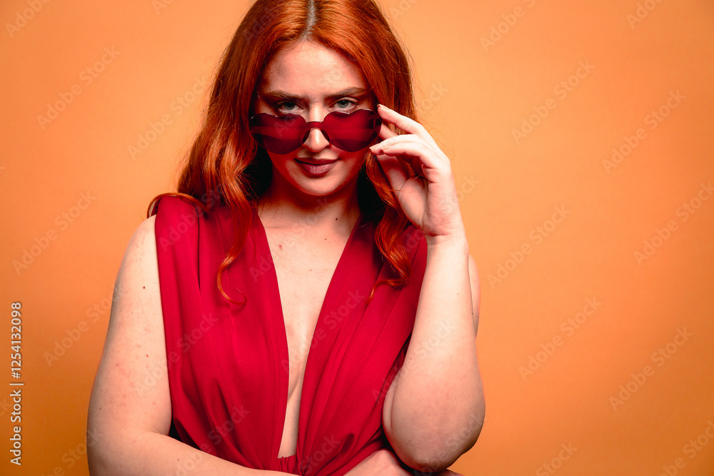 Fototapeta premium Confident Redhead Woman in Heart-Shaped Sunglasses and Red Dress Smiling Against Orange Background