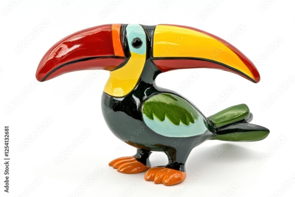 Naklejka premium A colorful ceramic toucan figurine stands on a white background