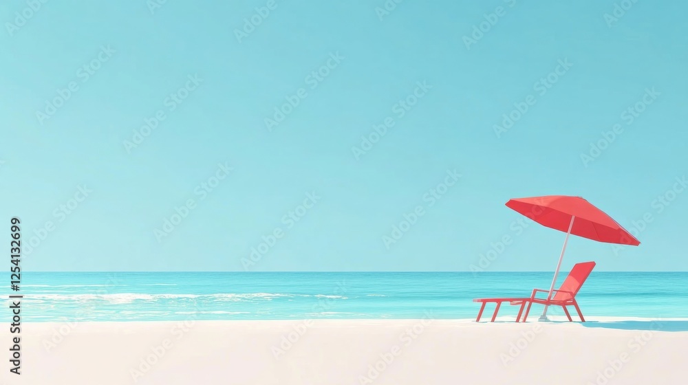 Relaxing beach getaway with lounge chair and umbrella under a clear blue sky by calm ocean waves. Generative AI Relaxing beach getaway with lounge chair and umbrella under a clear blue sky by calm ocean waves. Generative AI