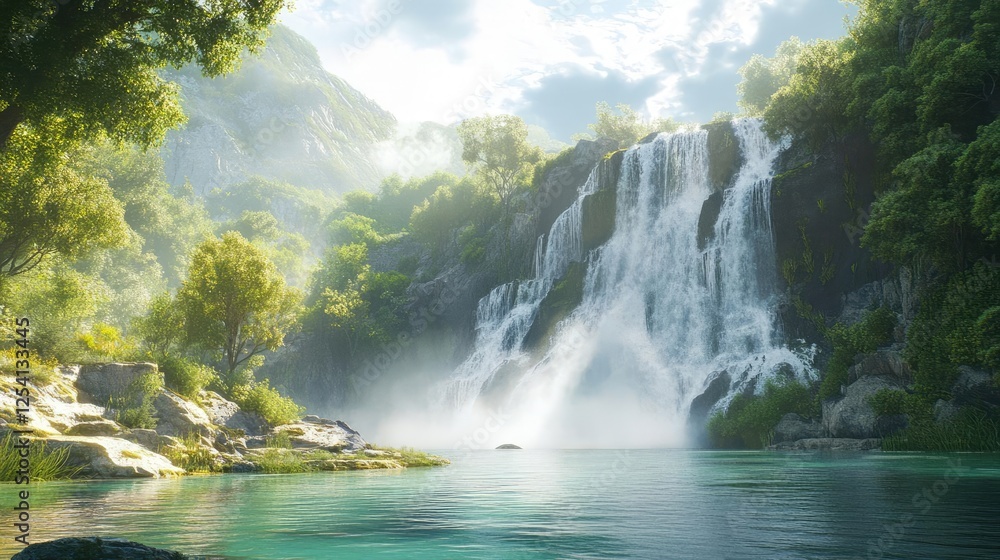 Fototapeta premium Majestic Waterfall Cascading into Crystal-Clear Lake Surrounded by Lush Forest