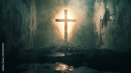 Glowing cross with light emanating from empty tomb