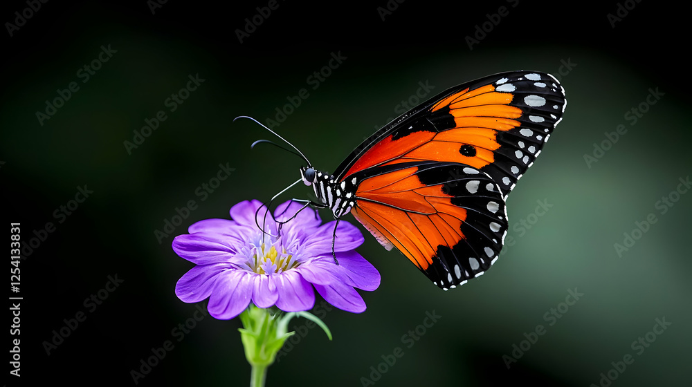 Fototapeta premium Butterfly on purple flower, dark background, nature scene, wildlife photography