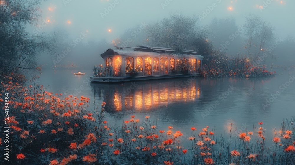 Fototapeta premium A serene, misty scene featuring a glowing houseboat surrounded by vibrant flowers by a tranquil lake.
