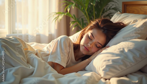 Young woman peacefully sleeping in bed with sunlight streaming through the window