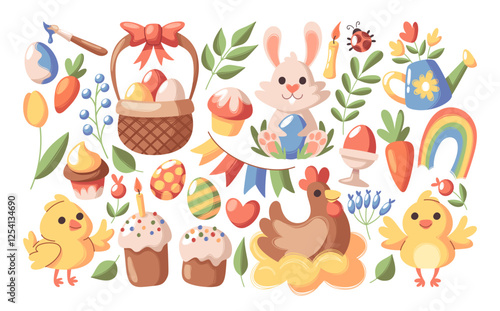 Happy Easter spring holiday decoration symbols, traditional food snacks, natural design elements set