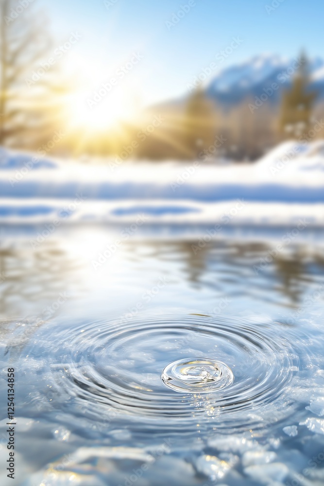 Winter landscape with a close-up of a water ripple in a partially frozen river, reflecting warm sunlight and snowy surroundings. Mountains and trees create a serene and tranquil scene.
Winter landscape with a close-up of a water ripple in a partially frozen river, reflecting warm sunlight and snowy surroundings. Mountains and trees create a serene and tranquil scene.