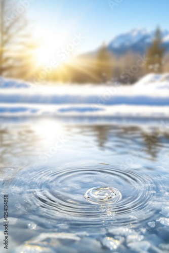 Winter landscape with a close-up of a water ripple in a partially frozen river, reflecting warm sunlight and snowy surroundings. Mountains and trees create a serene and tranquil scene.

