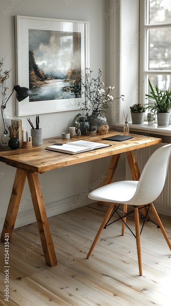 A functional yet stylish workspace in a Scandinavian home, featuring a white frame above a wooden desk. A functional yet stylish workspace in a Scandinavian home, featuring a white frame above a wooden desk.