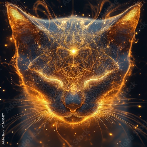 Golden cat glowing with spiritual energy and closed eyes photo